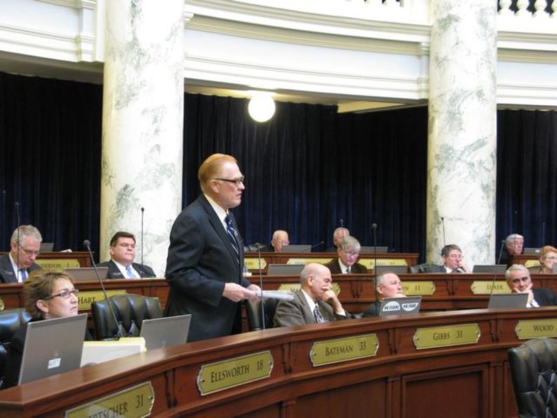 Rep. Linden Bateman, R-Idaho Falls, debates in favor of SB 1108, the teacher contract bill, in the House on Tuesday. Bateman, a retired teacher, said lifelong friends won't talk to him because of his support for the bill; he said it's too difficult to remove poor teachers. (Betsy Russell)