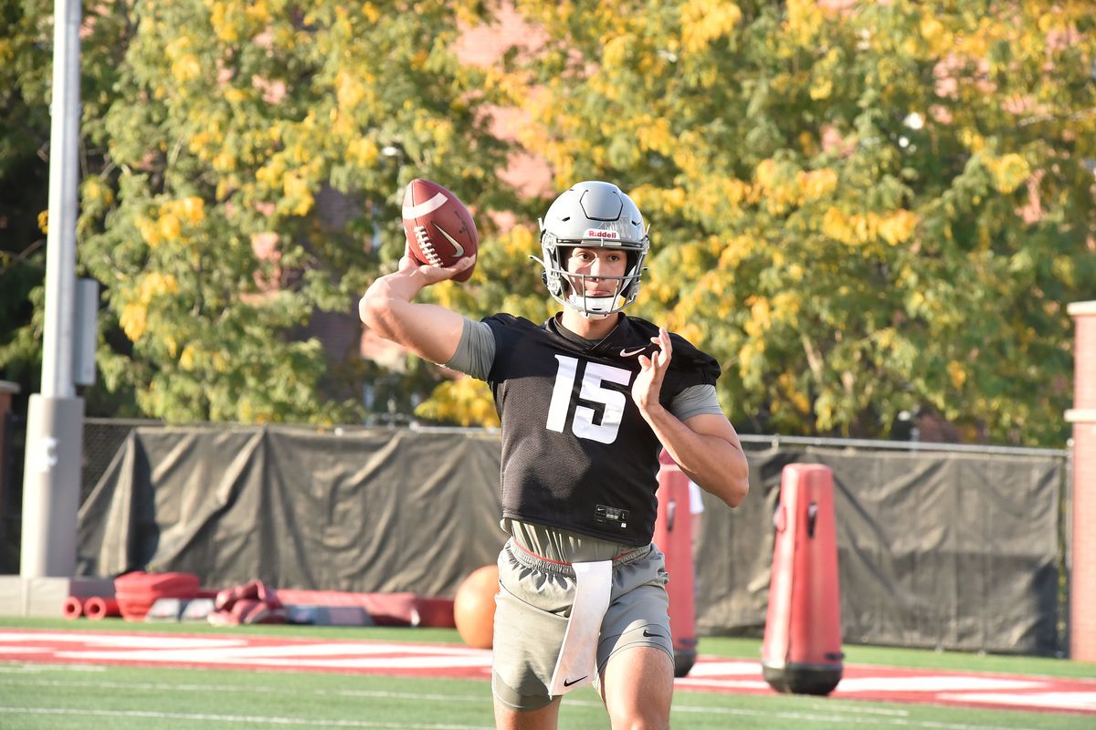 Washington State quarterback Gunner Cruz unleashes a pass during the team’s second fall practice at Rogers Field in Pullman.  (Washington State Athletics)