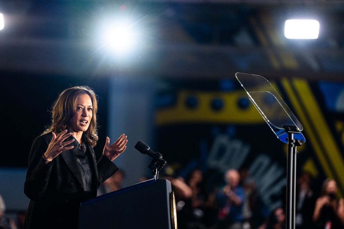 Vice President Kamala Harris speaks at a campaign rally at the McHale Athletic Center in Wilkes-Barre, Pa., on Sept. 13.  (Demetrius Freeman/The Washington Post)