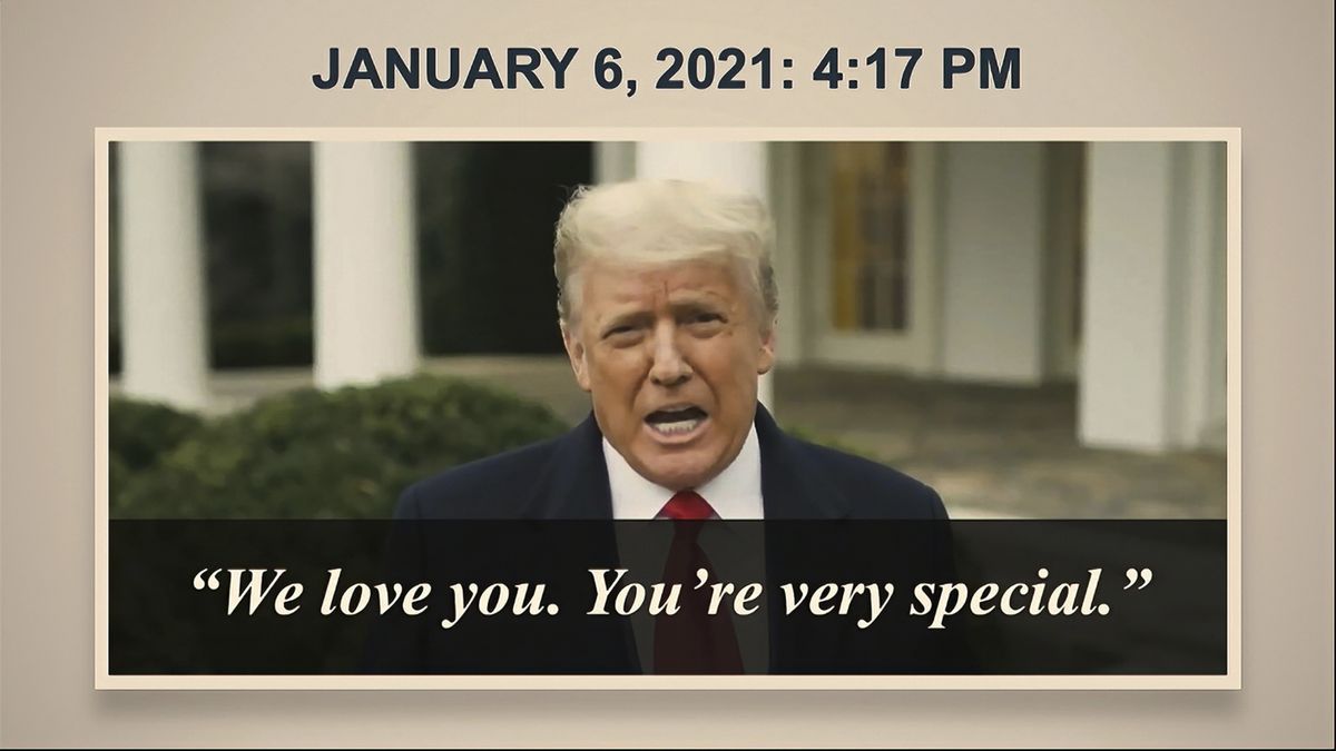 In this image from video, a video from Donald Trump is shown to senators as House impeachment manager Rep. Jamie Raskin, D-Md., speaks during the second impeachment trial of former President Donald Trump in the Senate at the U.S. Capitol in Washington, Wednesday, Feb. 10, 2021.  (HOGP)