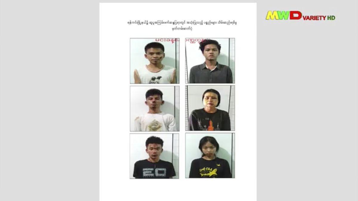 This image from an April 18, 2021 news report by Myawaddy TV shows people who security forces said they detained in a weapons raid a day earlier in the Yankin township of Yangon, Myanmar. At least 3,500 people have been detained since the military seized power in the country in February 2021, more than three-quarters of whom are male, according to an analysis of data collected by the Assistance Association for Political Prisoners, which monitors deaths and arrests. Of the 419 men whose ages were recorded in the group’s database, nearly two-thirds are under age 30, and 78 are teenagers.  (HOGP)