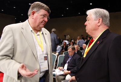 Gov. Haley Barbour, R-Miss., right, and Wyoming Democratic Gov. Dave Freudenthal talk at the opening plenary session of the National Governors Association on Saturday in Biloxi, Miss.  (Associated Press / The Spokesman-Review)