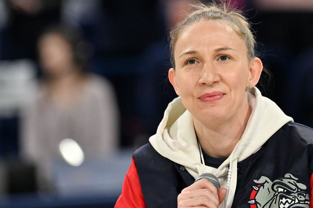 Courtney Vandersloot returned to Gonzaga two years ago as her No. 21 jersey was honored at McCarthey Athletic Center. (Tyler Tjomsland/The Spokesman-Review)