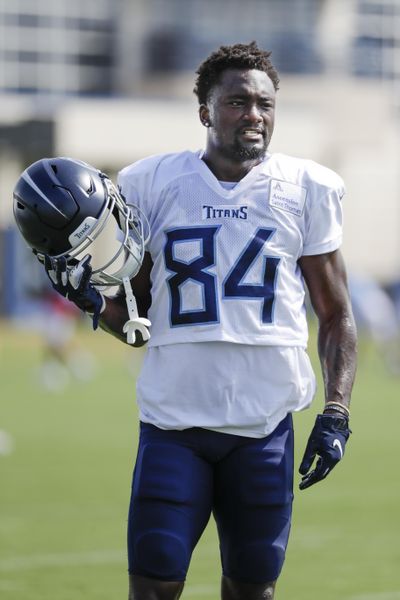 Tennessee Titans wide receiver Corey Davis waits for his turn to run a drill during NFL football training camp Thursday, Aug. 1, 2019, in Nashville, Tenn. (Mark Humphrey / Associated Press)