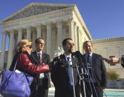American Civil Liberties Union attorney Nathan Wessler speaks outside the Supreme Court on Wednesday, Nov. 29, 2017, in Washington, following arguments in a case about the government’s ability to track Americans’ movements through collection of their cellphone information. (Jessica Gresko / Associated Press)