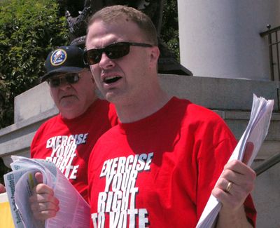 Tim Eyman speaks to reporters July 1, 2008, at the state capitol in Olympia. His ballot measure, at the time, aimed to steer an estimated $150 million more a year into traffic-congestion fixes. Eyman – who took out a home loan to help pay for the effort – said his group gathered nearly 300,000 signatures. A decade later, Eyman filed for bankruptcy, and now a judge is ordering him to give up his house to pay his debts.  (Spokesman-Review photo archives)