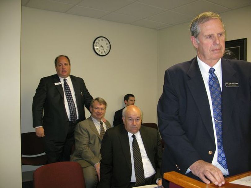 GOP leaders back a redistricting bill in the House State Affairs Committee on Thursday. They include, from left, Senate Majority Leader Bart Davis, R-Idaho Falls; House Speaker Lawerence Denney, R-Midvale; Senate President Pro-Tem Bob Geddes, R-Soda Springs, and House State Affairs Chairman Tom Loertscher, R-Iona. (Betsy Russell / The Spokesman-Review)