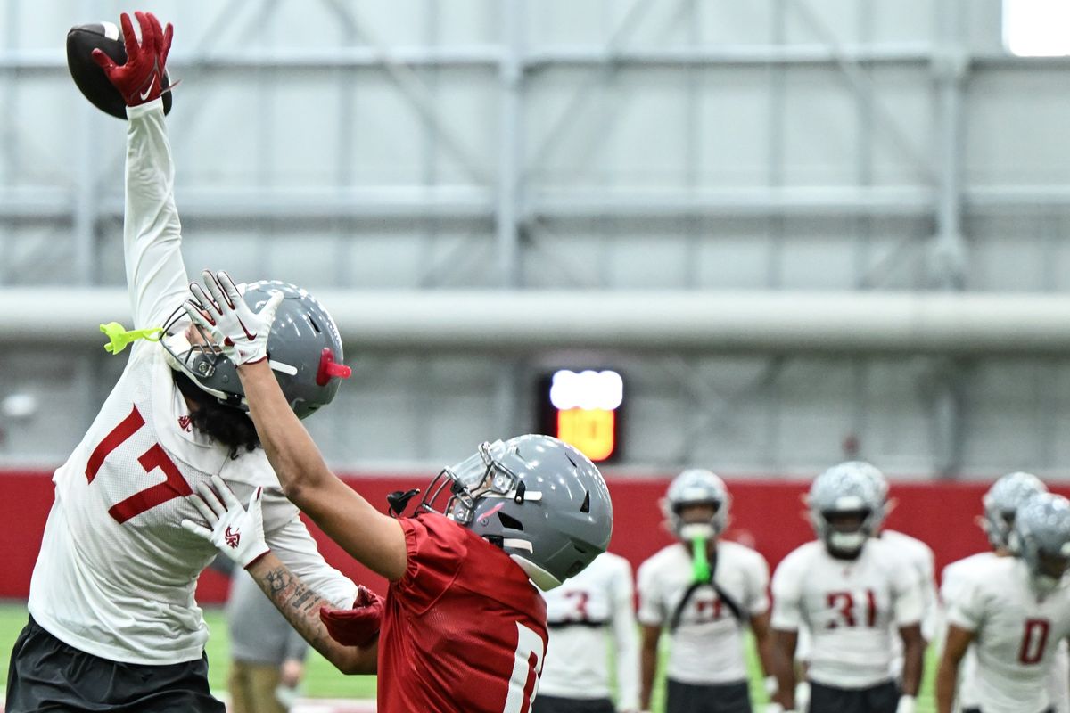 Washington State Cougars safety Jshawn Frausto-Ramos (17) leaps to break up a pass for Washington State Cougars wide receiver Tony Freeman (0) during a spring football practice on Thursday, Mar 26, 2026, at the Taylor Sports Complex in Pullman, Wash. (Tyler Tjomsland/The Spokesman-Review)