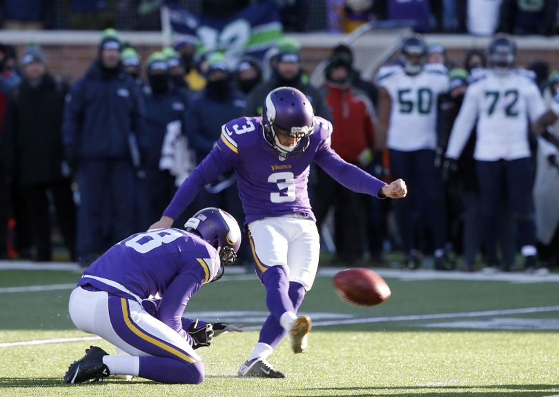 Minnesota Vikings kicker Blair Walsh  misses a field goal during the second half of an NFL wild-card football game against the Seattle Seahawks, Sunday, Jan. 10, 2016, in Minneapolis. The Seahawks won 10-9. (Jim Mone / Associated Press)