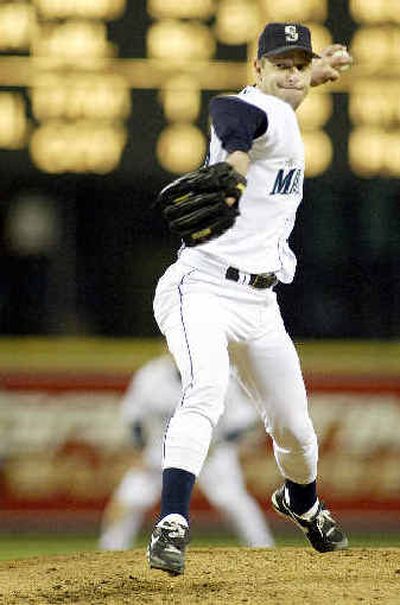 
Seattle starter Jamie Moyer delivers a pitch in the fourth inning last night.Seattle starter Jamie Moyer delivers a pitch in the fourth inning last night.
 (Associated PressAssociated Press / The Spokesman-Review)