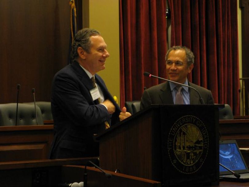 Doug and Skip Oppenheimer welcome attendees to the University of Idaho's Oppenheimer Ethics Symposium Thursday at the Idaho state Capitol Auditorium. (Betsy Russell)