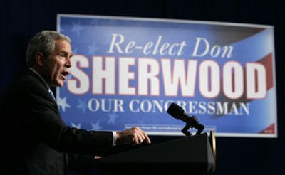 
President Bush campaigns for Rep. Don Sherwood, R-Pa., not pictured, in La Plume, Pa., Thursday. Republicans are focusing their message on the consequences of a Democratic Congress. 
 (Associated Press / The Spokesman-Review)