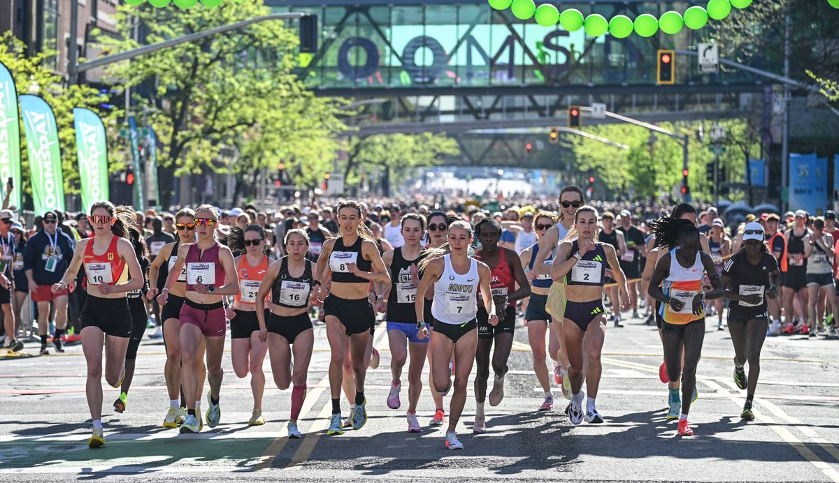 Bloomsday Women Elite runners break from the start on Riverside Avenue, Sunday May 3, 2026 in Spokane. Kasandra Parker (7) was the race winner.  (Dan Pelle/For the Spokesman-Review)