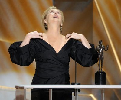 Meryl Streep reacts to winning the award for outstanding performance by a female actor in a leading role for “Doubt.”  (Associated Press / The Spokesman-Review)