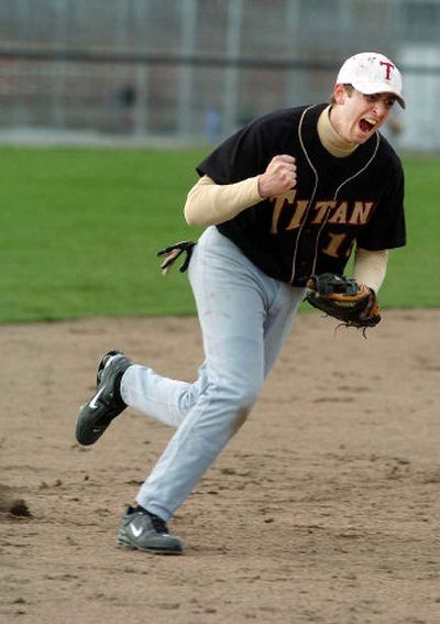 University third baseman Connor Brooks lets out a yell after the Titans wrapped up Thursday's 6-4 win over West Valley. 
 (Kathryn Stevens / The Spokesman-Review)