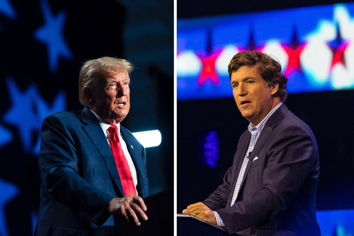 FILE -- At left, former President Donald Trump campaigns in Columbia, S.C., on Aug. 5, 2023. At right, the conservative political commentator Tucker Carlson speaks in West Palm Beach, Fla., on July 15, 2023. Trump plans to upstage the first Republican primary debate on Wednesday, Aug. 23 2023, by sitting for an online interview with Carlson, according to multiple people briefed on the matter. (LEFT: Doug Mills/The New York Times; RIGHT: Saul Martinez/The New York Times  (DOUG MILLS/SAUL MARTINEZ)