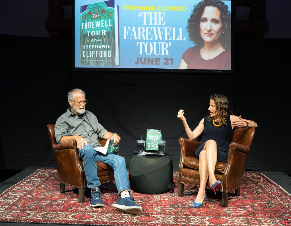 In a conversation with local author Chris Crutcher, Stephanie Clifford, author of “The Farewell Tour" discusses her new book “The Farewell Tour” during a Northwest Passages event held, Wednesday, June 21, 2023, at the Montvale Events Center.  (Colin Mulvany/The Spokesman-Review)