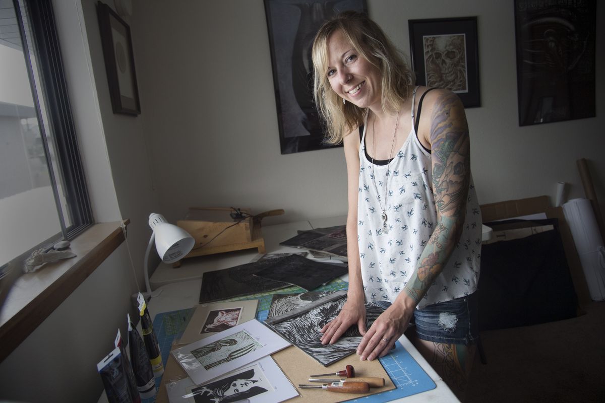 Artist Willow Rosales carves and makes block prints in her Spokane Valley apartment. (PHOTOS BY JESSE TINSLEY)