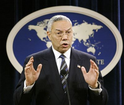 In this Jan. 8, 2004, file photo, then-Secretary of State Colin Powell speaks at a news conference in Washington at the State Department. (Associated Press)