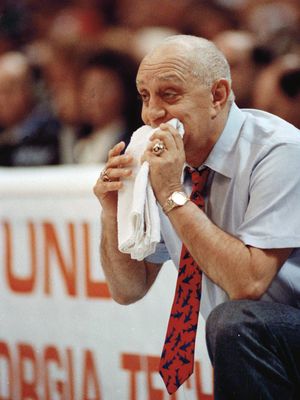 Jerry Tarkanian chewing on a towel was a familiar sight for UNLV basketball fans. (Associated Press)