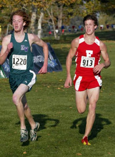 
Ferris' Ben Poffenroth, right, kicks it into gear en route to a fifth-place finish in the boys State 4A meet in Pasco. 
 (Jackie Johnson/Special to / The Spokesman-Review)