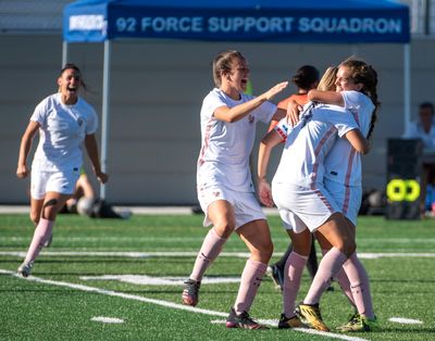 The French women celebrate as time runs out on their 2-1 victory against Cameroon Friday at the end of the gold medal match of the Military Women’s World Cup.  (JESSE TINSLEY)