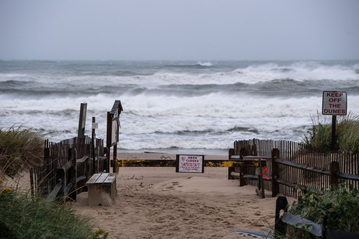 Access to Coast Guard Beach on Cape Cod is closed due to dangerous conditions, in Eastham, Mass. on Saturday, Sept. 16, 2023. Lee, which transitioned from a hurricane to a post-tropical cyclone early in the morning, brought gusty winds, rain and dangerous surf conditions to coastal communities in New England early Saturday, as the center of the much-anticipated storm approached landfall near the U.S.-Canadian border. (Gregg Vigliotti/The New York Times)  (GREGG VIGLIOTTI)