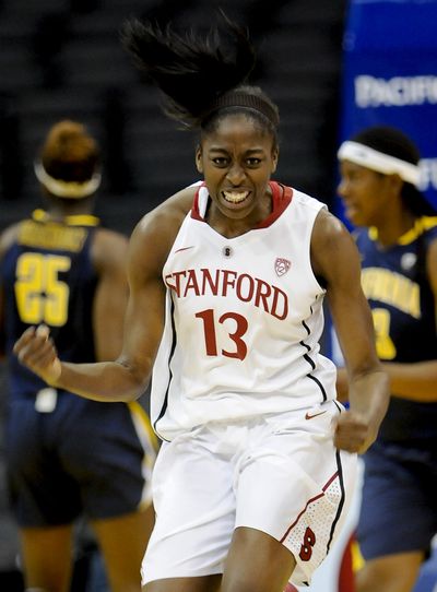 Stanford forward Nnemkadi Ogwumike reacts to her team’s victory on Saturday, the team’s 28th straight win. (Associated Press)