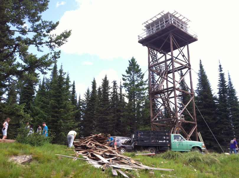 Volunteers from Camp Lutherhaven help with the renovation of Spyglass Lookout on  Spyglass Peak in the upper reaches of the North Fork Coeur d'Alene River. The multi-year project is in cooperation with the Idaho Panhandle National Forests and the Forest Fire Lookout Association.  (U.S. Forest Service)