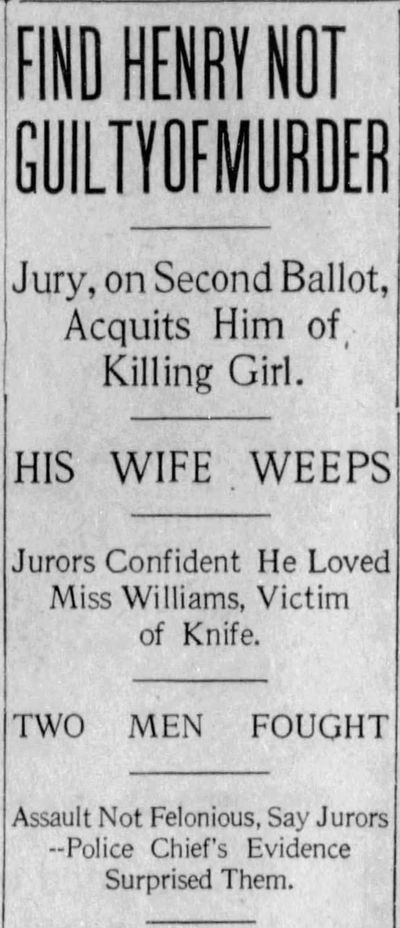 A Spokane jury found Jennings B. Henry not guilty in the death of Helen Williams, who had been slashed with a knife in Henry’s hotel room, the Spokesman-Review reported on Oct. 16, 1921.  (Spokesman-Review archives)