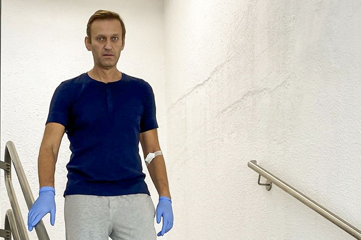 In this photo taken from a video published by Russian opposition leader Alexei Navalny on his instagram account, Russian opposition leader Alexei Navalny walks down stairs in a hospital in Berlin, Germany, Saturday, Sept. 19, 2020. The German hospital treating Russian opposition leader Alexei Navalny for poisoning says his condition improved enough for him to be released from the facility. The Charite hospital in Berlin said Wednesday Sept. 23, 2020 that after 32 days in care, Navalny