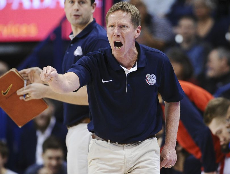 Gonzaga head coach Mark Few reacts to a foul call as his team battles San Francisco during a college basketball game on Saturday, Jan. 30, 2016, at McCarthey Athletic Center in Spokane, Wash. (Tyler Tjomsland / The Spokesman-Review)