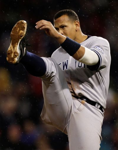 ORG XMIT: MACK112 New York Yankees Alex Rodriguez kicks his gum midway through the seventh inning after hitting a two run double against the Boston Red Sox during  their MLB baseball game at Fenway Park in Boston, Thursday June 11, 2009. (AP Photo/Charles Krupa) (Charles Krupa / The Spokesman-Review)