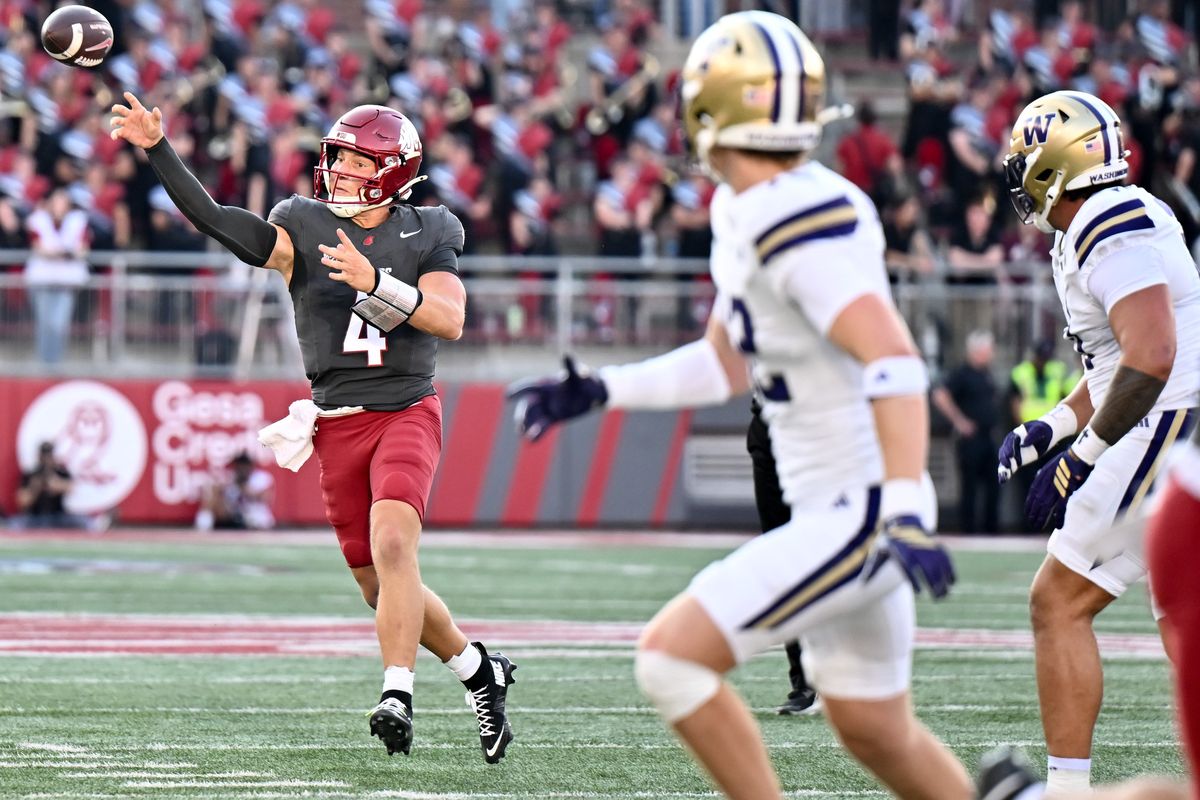 Washington State Cougars quarterback Zevi Eckhaus (4) throws on the run during the first half of the 2025 Apple Cup on Saturday, Sep 20, 2025, on Gesa Field in Pullman, Wash. (Tyler Tjomsland/The Spokesman-Review)