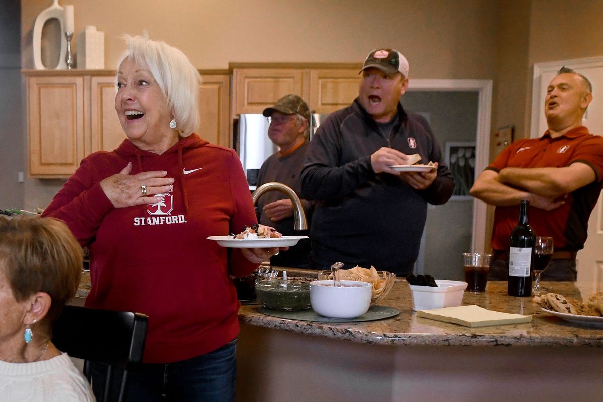 Lexie Hull’s grandmother, Cheryl Hull, center, reacts during a watch party at her home in Liberty Lake on Monday after her granddaughter is picked No. 6 by Indiana in the first round of the WNBA draft. Lexie is a former Central Valley basketball star and is graduating from Stanford this year.  (Kathy Plonka/The Spokesman-Review)