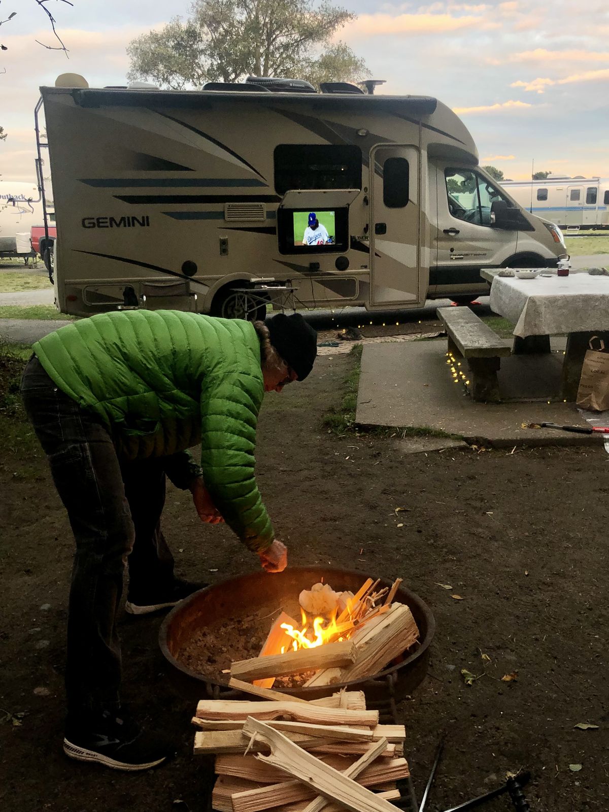 During a camping trip in 2020, the World Series played in the background on broadcast television. (Leslie Kelly)