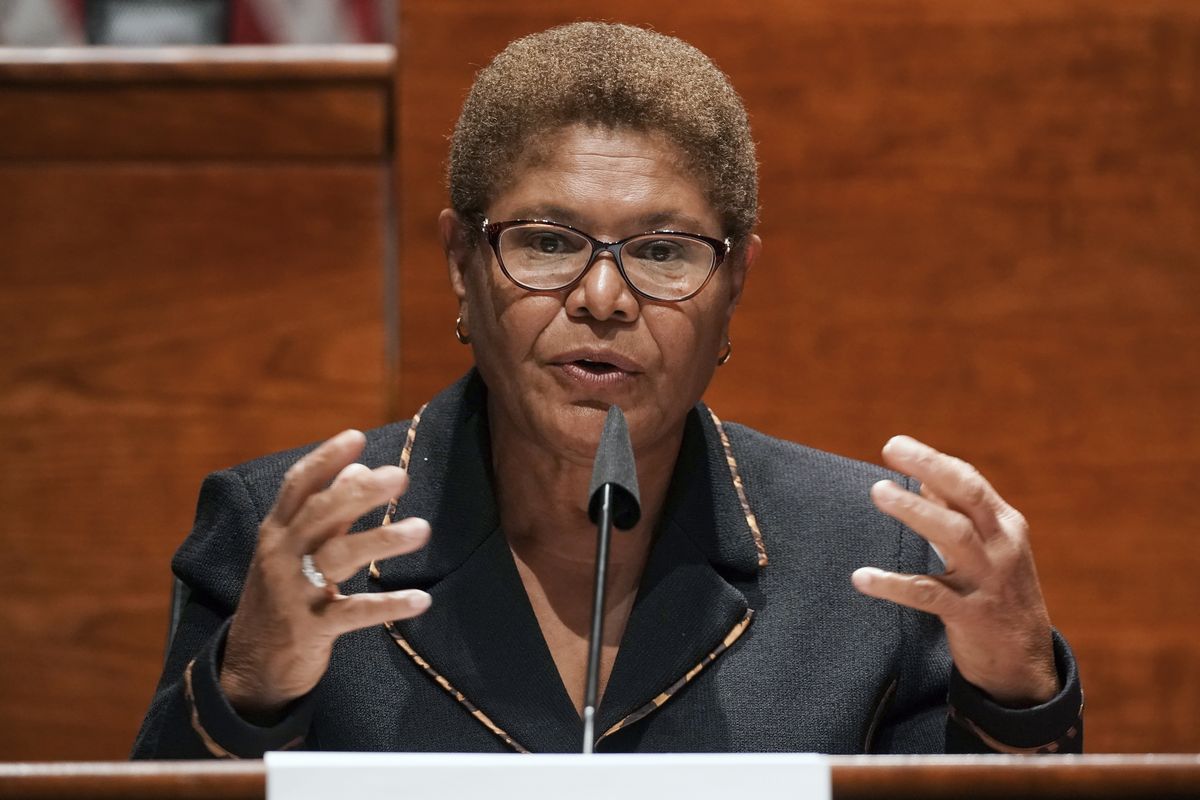 In this June 17, 2020 photo, Rep. Karen Bass, D-Calif., speaks on Capitol Hill in Washington. Bass, a prominent figure in national Democratic politics who was on President Joe Biden