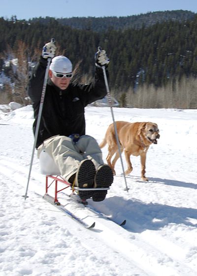 Joey Lowe, left, a Marine who was paralyzed in Iraq, uses the adaptive Nordic ski at Sun Valley.  (Sun Valley Adaptive Sports / The Idaho Spokesman Review)