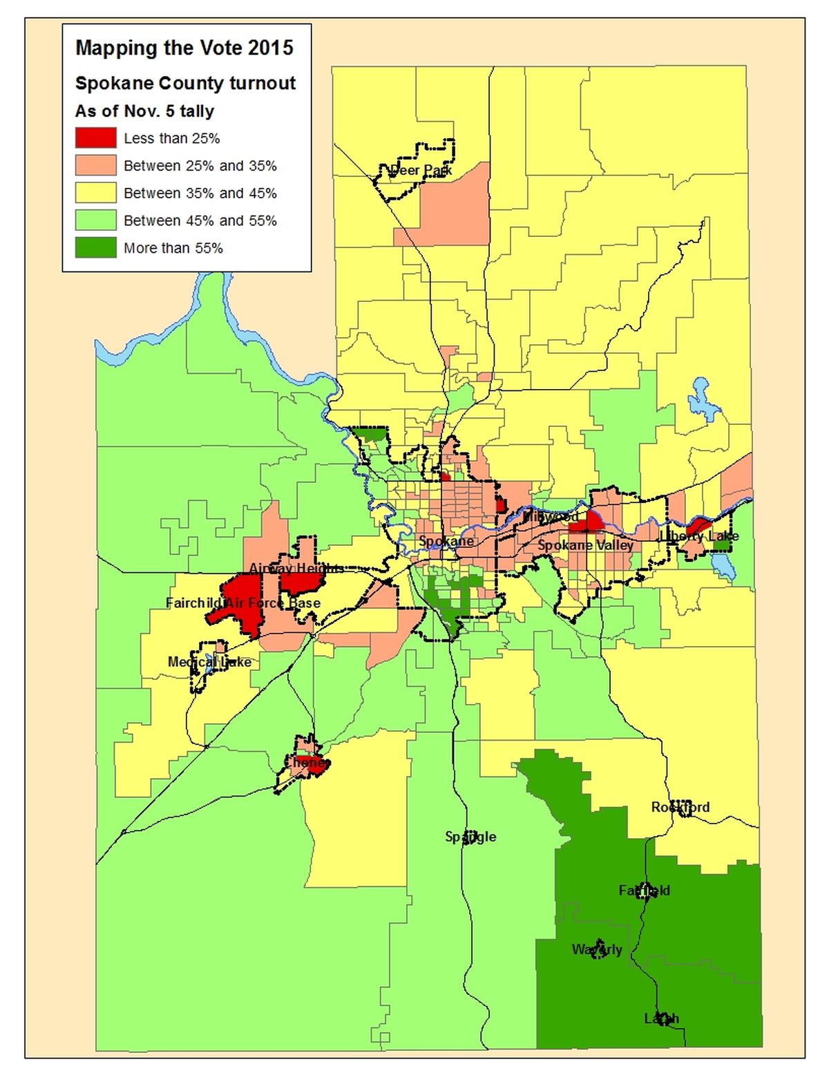This is a map of the voter turnout for Spokane County precincts as of the Nov. 5 ballot count. (Jim Camden/The Spokesman-Review)
