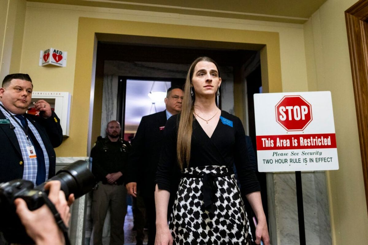 Montana state Rep. Zooey Zephyr walks out of the house chamber after a motion to bar Zephyr from the chamber passed, at the Montana State Capitol in Helena on Wednesday.  (Mike Clark/For the Daily Montanan)