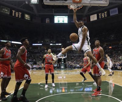 Milwaukee Bucks’ Jabari Parker dunks during the second half of an NBA basketball game against the Chicago Bulls Thursday, Dec. 15, 2016, in Milwaukee. The Bucks won 108-97. (Morry Gash / Associated Press)