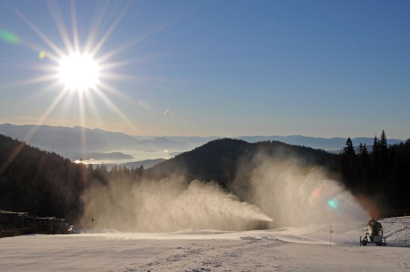 Snowmaking machines help boost lower than normal snow coverage at Schweitzer Mountain Resort in February 2015. (Courtesy)