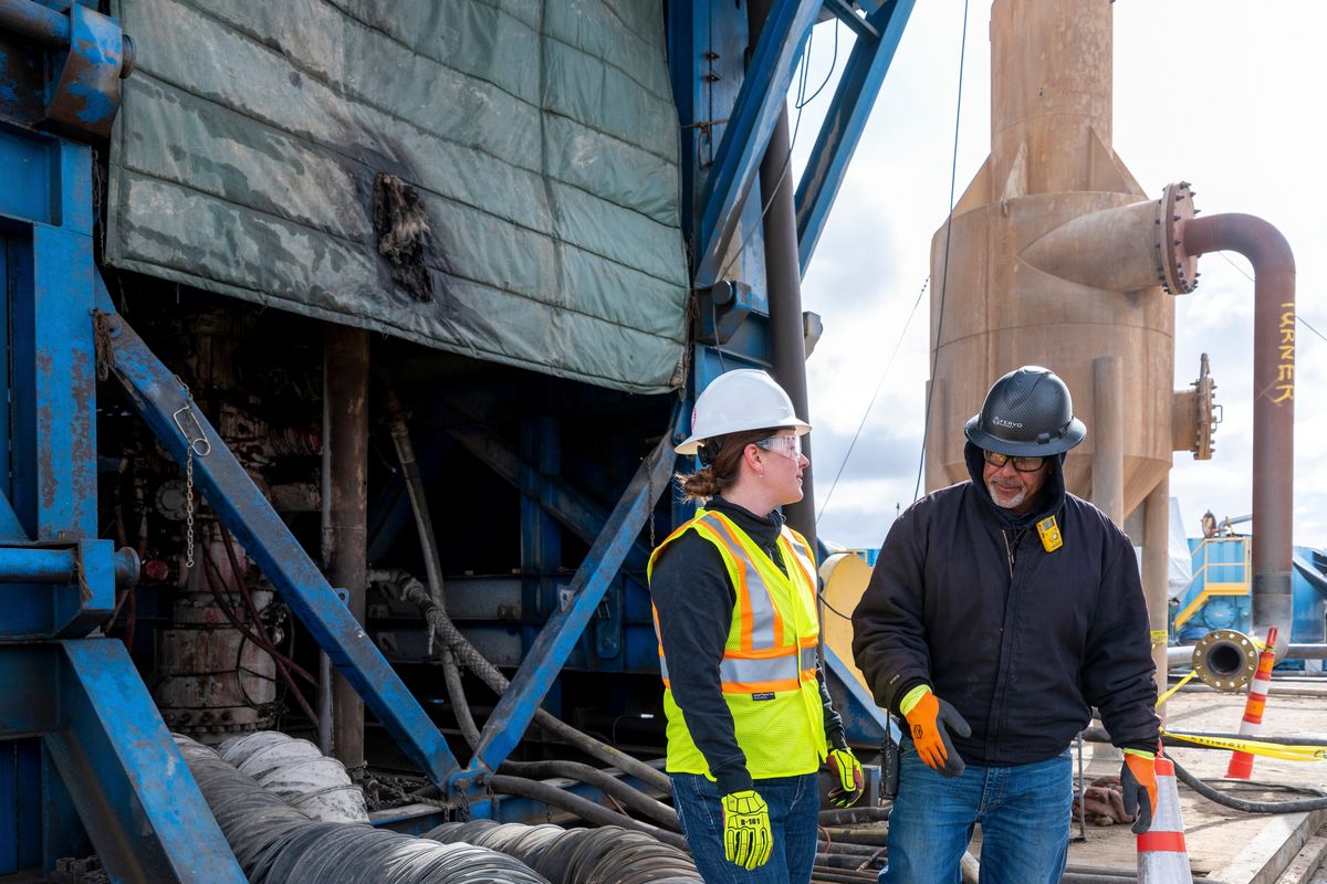 Emma McConville, left, was laid off from a job as a geologist for Exxon Mobil during the pandemic, prompting her to re-evaluate her career and transition from oil and gas to geothermal energy. (New York Times)