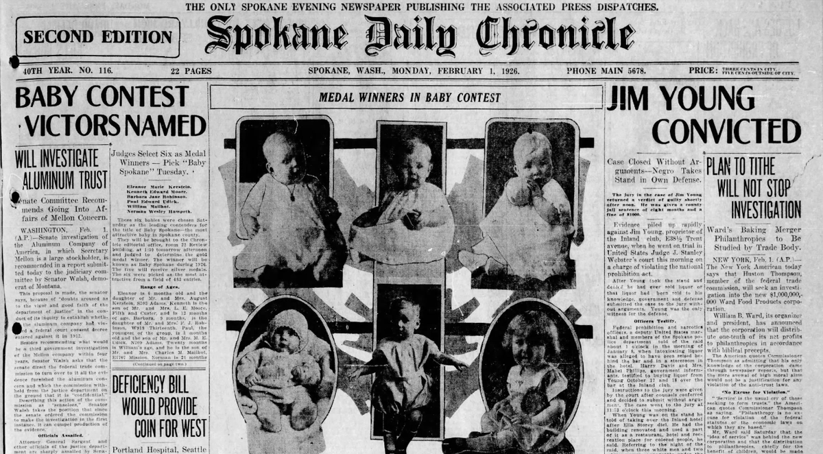 Jim Young, proprietor of the Inland Club on East Trent, was sentenced to 8 months behind bars for violating the Prohibition Act, the Spokane Daily Chronicle reported on Feb. 1, 1926. The newspaper also showed pictures of the six finalists they selected in the Baby Spokane contest. (Spokesman-Review archives)
