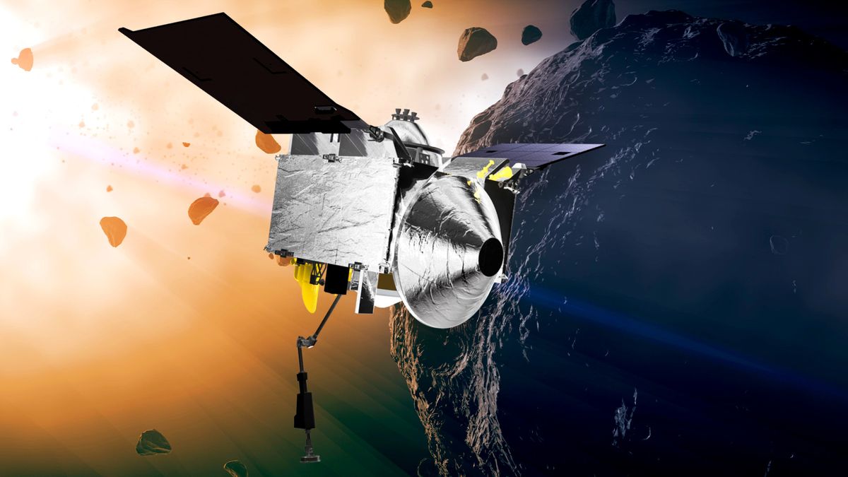 FILE – This illustration provided by NASA depicts the OSIRIS-REx spacecraft at the asteroid Bennu. On Monday, May 10, 2021, the robotic explorer fired its engines, headed back to Earth with samples it collected from the asteroid, nearly 200 million miles away.  (HOGP)