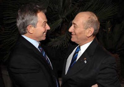 
British Prime Minister Tony Blair visited Israeli Prime Minister Ehud Olmert at his Jerusalem residence in December.  File Associated Press
 (File Associated Press / The Spokesman-Review)