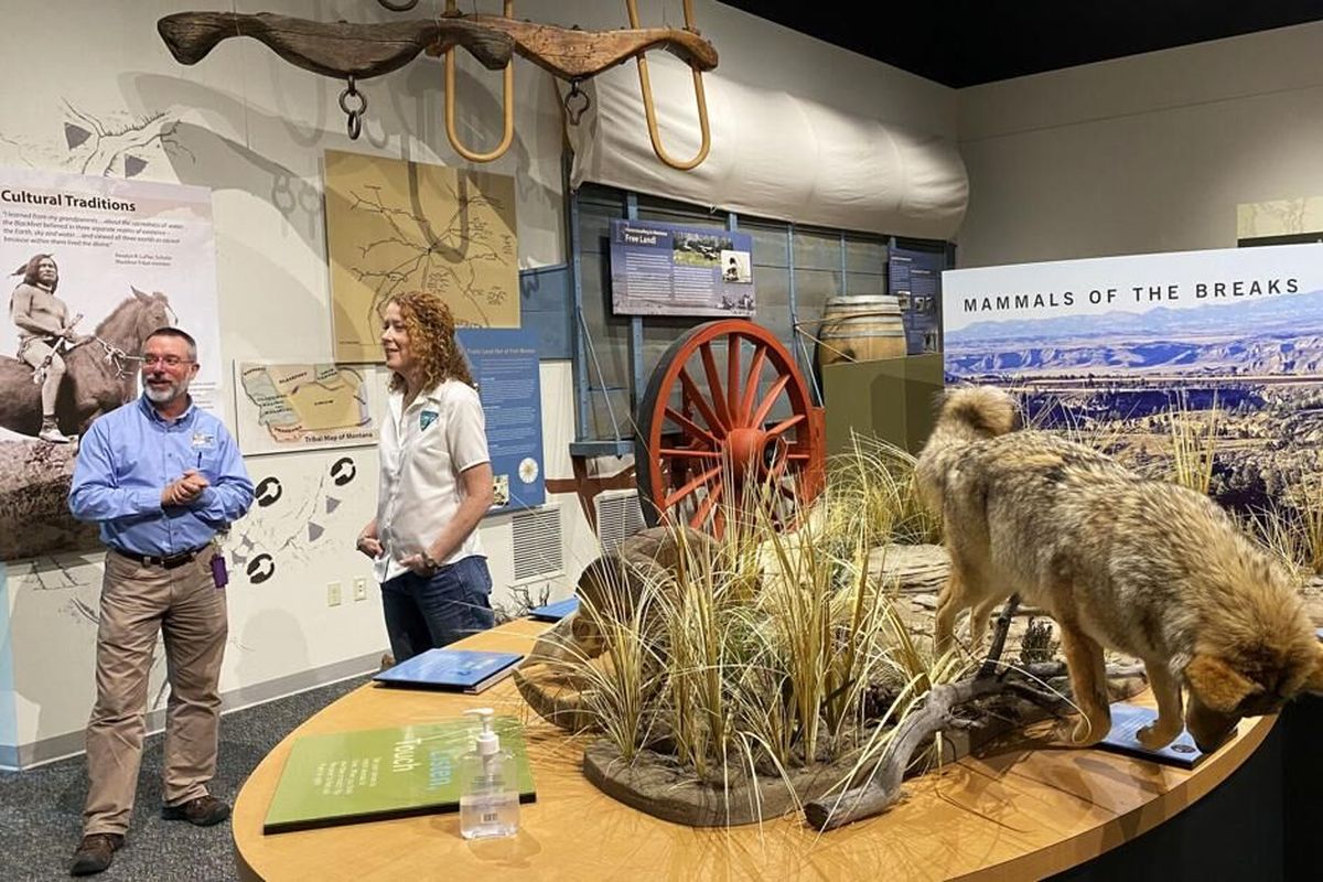 Zane Fulbright, manager of the Upper Missouri River Breaks National Monument, gives BLM Director Tracy Stone-Manning a tour of the visitor center in Fort Benton, Mont., on July 10.  (Brett French/Billings Gazette)