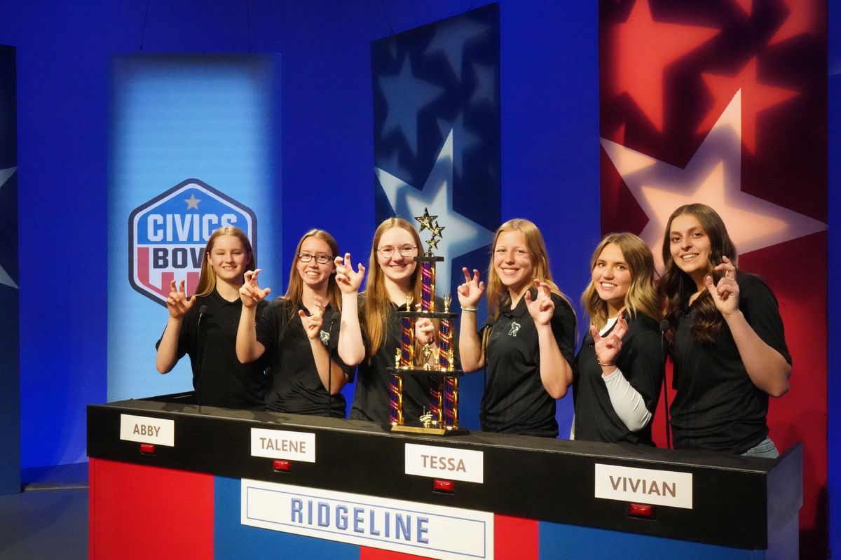The Ridgeline High School team, consisting of Mary Moore (ninth grade, alternate), Abby Clevenger (11th grade), Talene Rivera (12th grade, captain), Tessa Currin (12th grade), Vivian Van Buren (12th grade) and Kate Taylor (12th grade, alternate), won the Civics Bowl on Monday.  (Courtesy of KSPS)