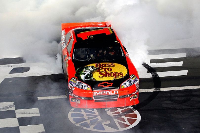 Jamie McMurray does a burnout to celebrate his Bank of America 500 at Charlotte Motor Speedway victory. (Photo courtesy of NASCAR Media Relations) (Getty Images North America)