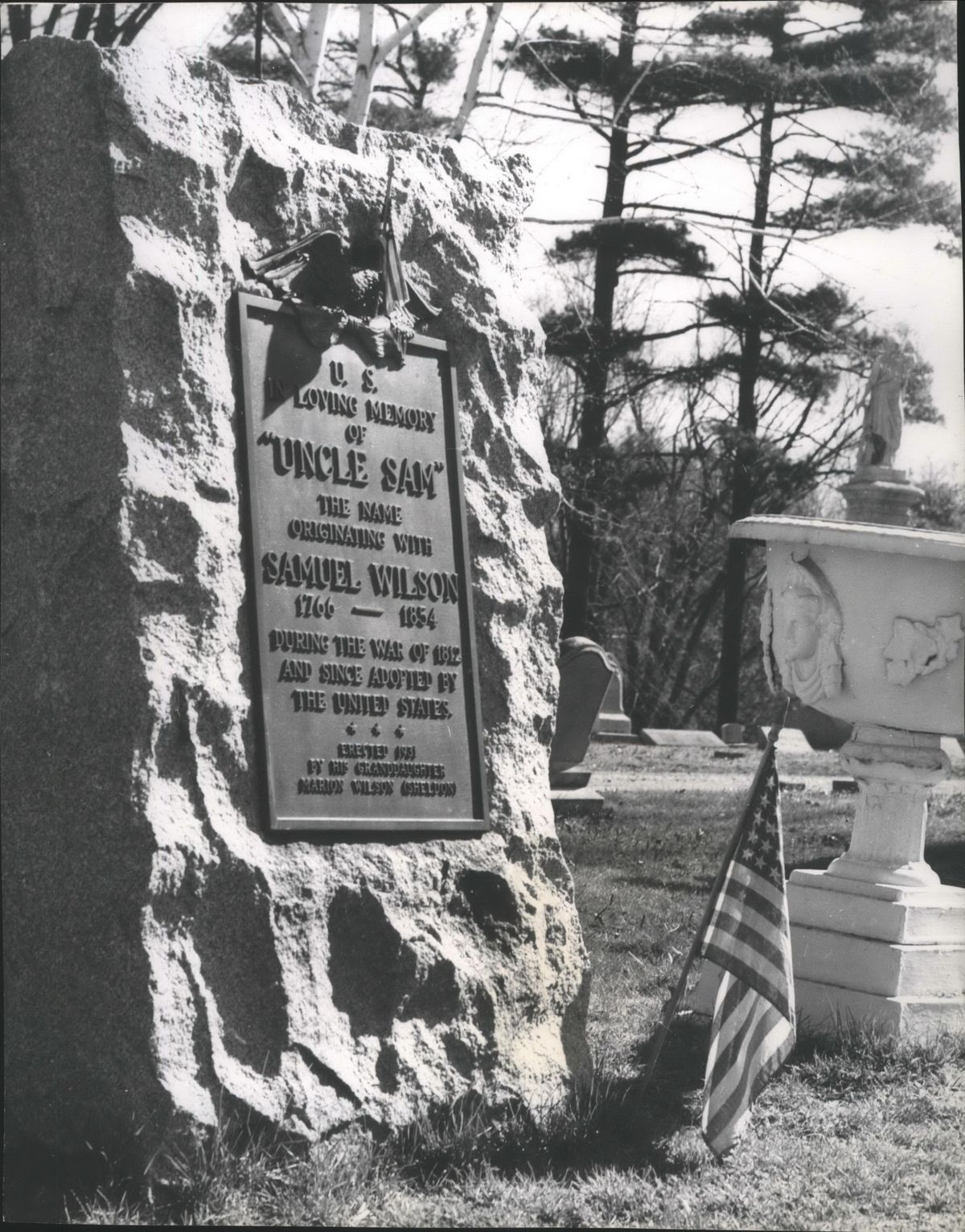 There was not only an Uncle Sam, but he’s buried in Oakwood Cemetery in Troy, New York. A promenade gravestone marks the plot of meat packer Samuel Wilson, who was the source of the U.S. nickname. By stamping “U.S.” on barrel heads of the meat he sold to the Army during the War of 1812, soldiers soon began calling the ration “Uncle Sam’s beef.” Soon the name spread to include just about anything the government issued the soldiers, and hence to the government itself. Uncle Sam Wilson died on July, 31, 1854.  The grave is well cared for and frequently the scene of patriotic ceremonies. (FILE / The Spokesman-Review Archive)